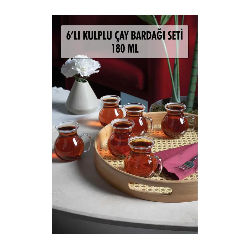 6'lı Keyfi Ala Borosilikat Cam Kulplu Çay Bardağı