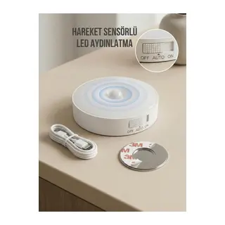 Hareket Sensörlü Yuvarlak LED Aydınlatma & USB Şarjlı Pratik Gece Lambası (8 cm)