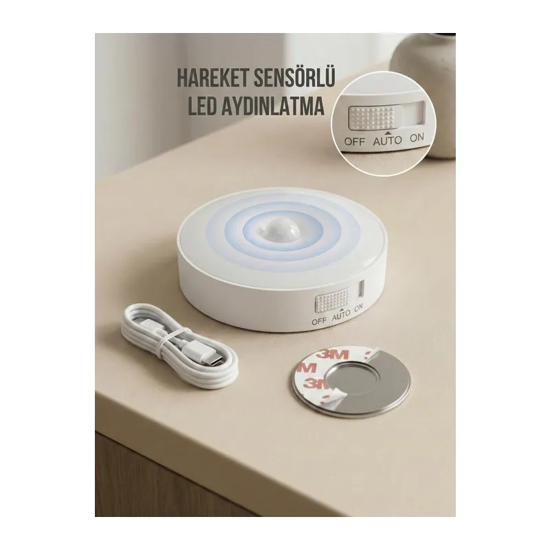 Hareket Sensörlü Yuvarlak LED Aydınlatma & USB Şarjlı Pratik Gece Lambası (8 cm)