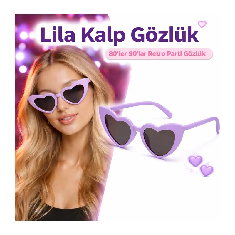 Mor Lila Retro Kalp Gözlük – 80’ler 90’lar Stil Parti Gözlüğü