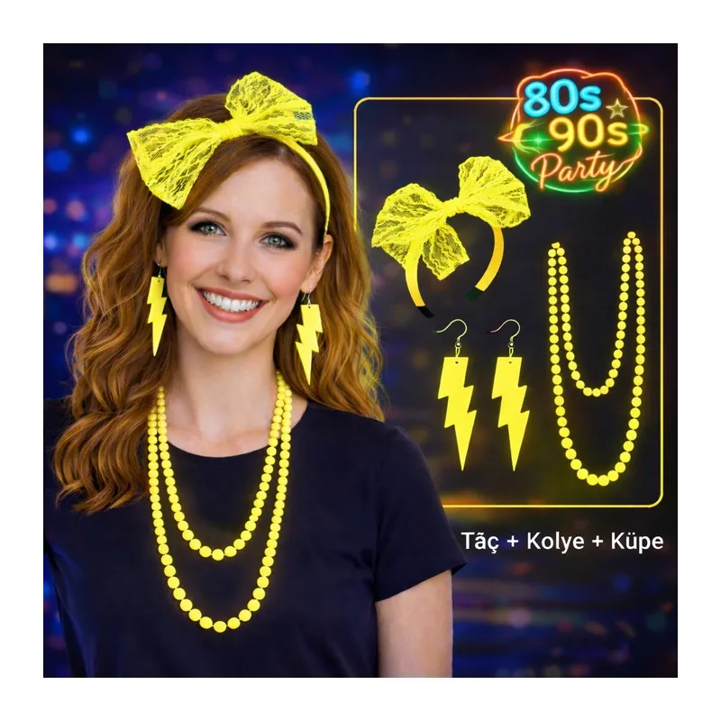 80’ler 90’lar Neon Sarı Parti Seti – Kolye Küpe Taç