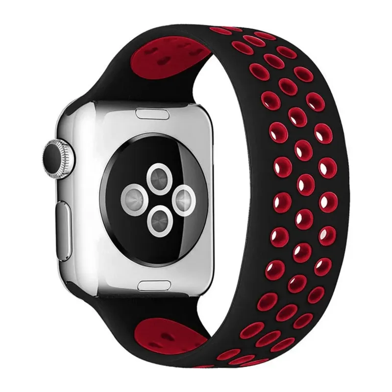 Apple Watch 42mm Ayarlı Delikli Silikon Kordon - Siyah-Kırmızı