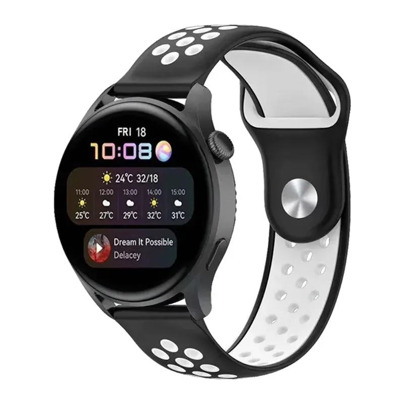 Watch 22mm Spor Delikli Kordon - Siyah-Beyaz