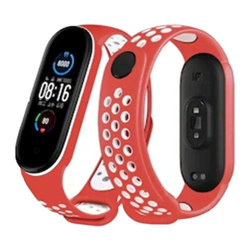 Xiaomi Mi Band 6 Spor Delikli Kordon - Kırmızı-Beyaz