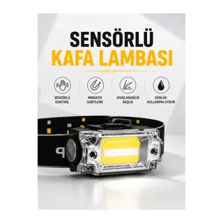 Sensör Kontrollü Şarjlı Beyaz LED Kafa Lambası ve El Feneri