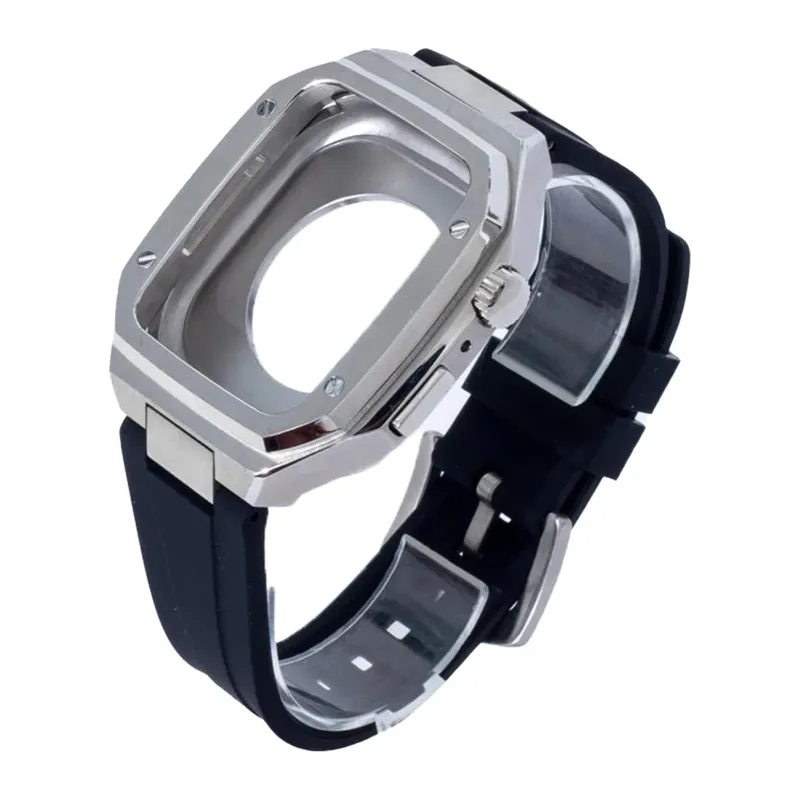 Apple Watch 44mm KR402 Metal Kasa Silikon Kordon - Gümüş