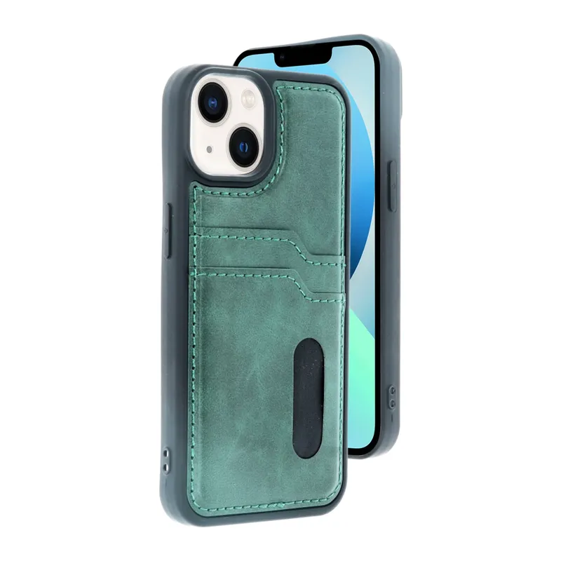 Apple iPhone 15 Sara Kartvizitli Deri Kılıf - Yeşil