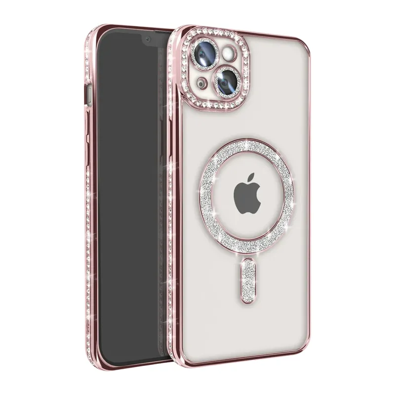 Apple iPhone 15 Kılıf Joke Simli Magneticsafe Kılıf - Pembe