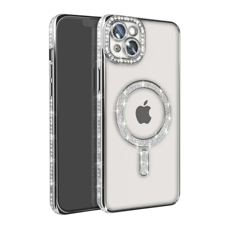 Apple iPhone 15 Kılıf Joke Simli Magneticsafe Kılıf - Gümüş