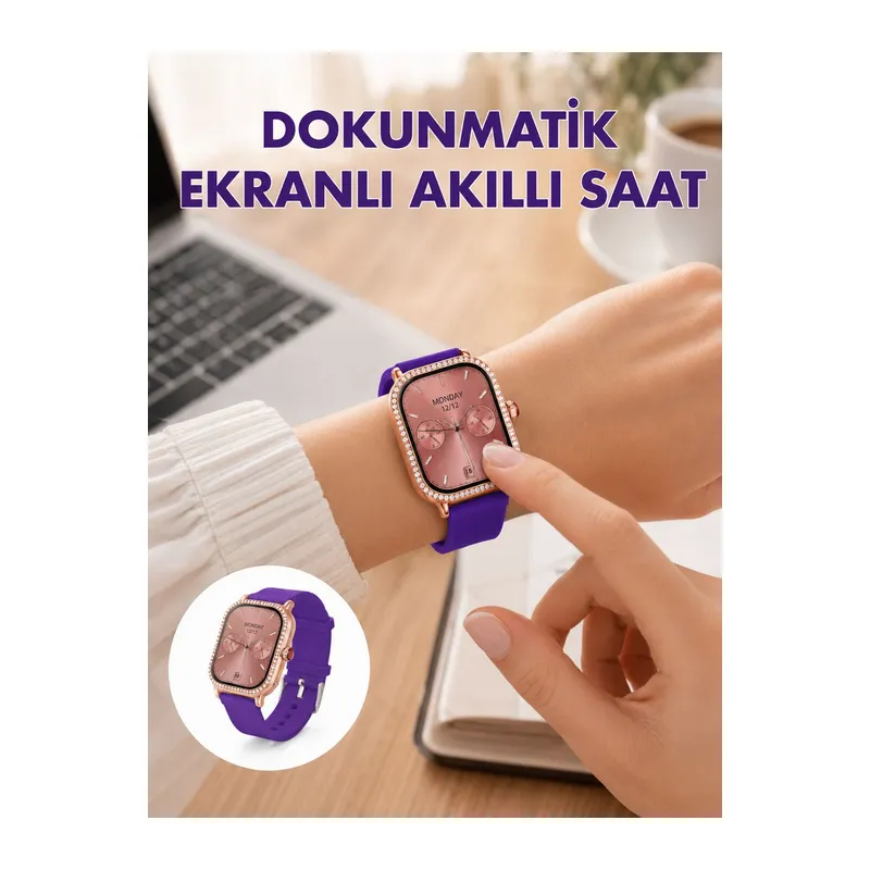 Pembe Mor ve Metal Kordonlu Akıllı Saat Hediye Seti