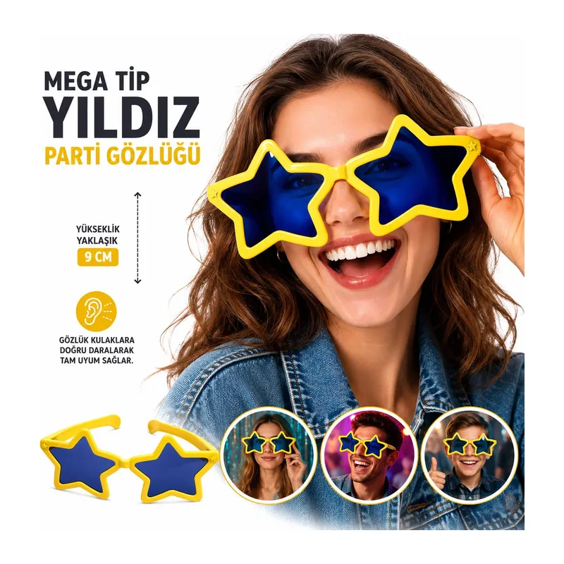 Mega Tip Yıldız Parti Gözlüğü Sarı Renk