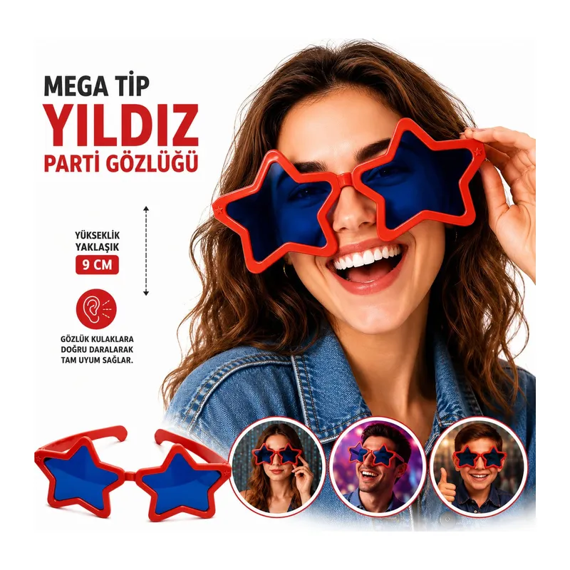 Mega Tip Yıldız Parti Gözlüğü Kırmızı Renk
