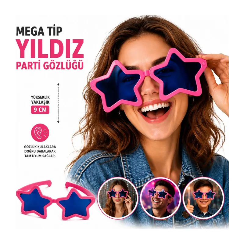 Mega Tip Yıldız Parti Gözlüğü Pembe Renk