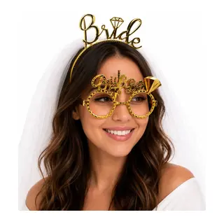 Bride Yazılı Gold Taç ve Parti Gözlüğü Seti