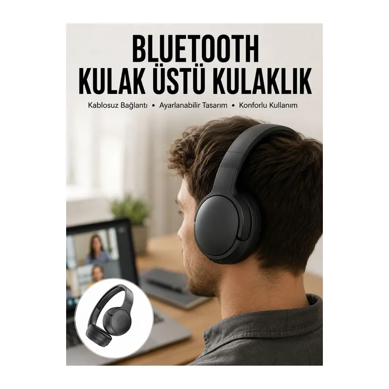 Kablosuz Bluetooth Kulaklık Kulak Üstü Ayarlanabilir Uzun Ömürlü Yeni Nesil