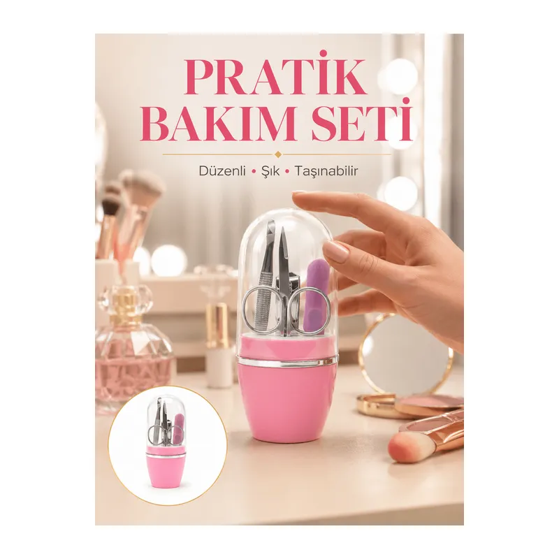 Tırnak Bakım Manikür Pedikür Seti 4 Parça Pembe Ev ve Seyahat Uyumlu Yeni Nesil
