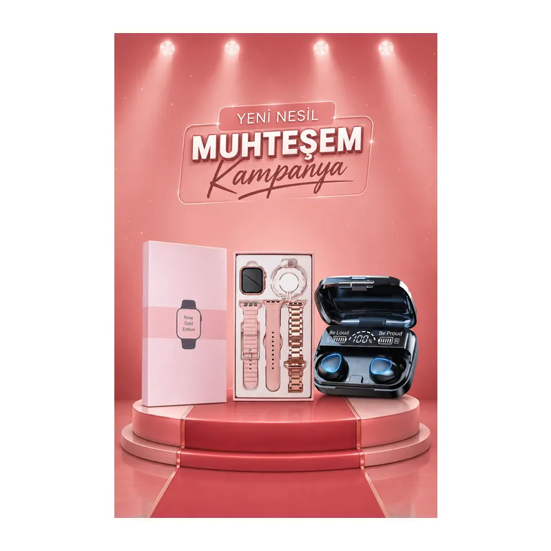 Aksesuar Hediyeli Akıllı Saat ve Dijital Göstergeli Powerbankli Bluetooth Kulaklık