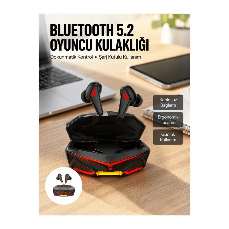 Profesyonel TWS Işıklı Kablosuz Bluetooth Kulaklık Oyuncu Kulaklığı Yeni Nesil