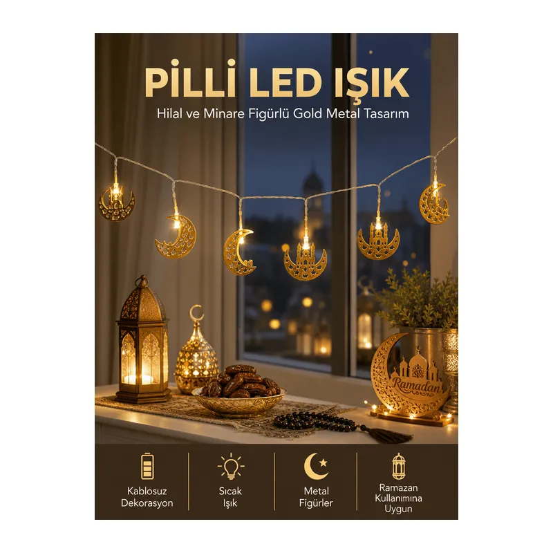 Pilli Minareli Hilal LED Işık Gold Metal Ramazan Dekorasyonu
