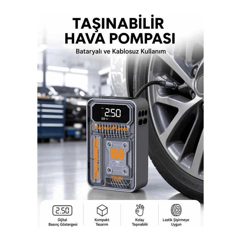 6000mAh Bataryalı LED Ekranlı Akıllı Hava Kompresörü