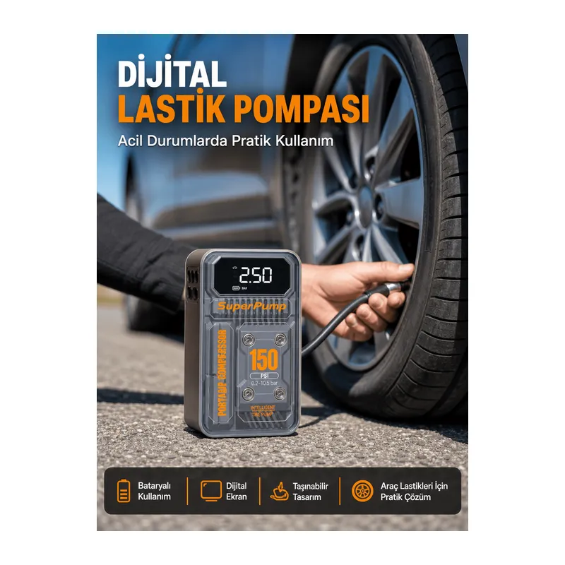 150 PSI Kablosuz Dijital Ekranlı Taşınabilir Araç Lastik Pompası