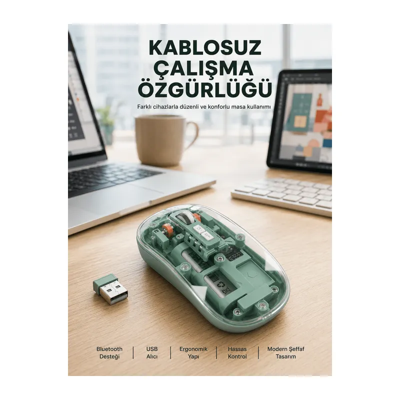 Çift Mod Bağlantılı Kablosuz Mouse Bluetooth ve USB Alıcılı Yeni Nesil