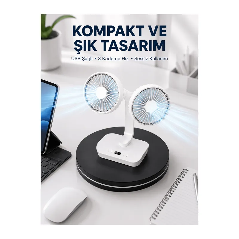 720° Döner Çift Taraflı Masaüstü Vantilatör – USB Şarjlı Sessiz Fan
