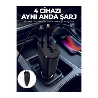 120W Hızlı Şarj Destekli 4'ü 1 Arada Araç Şarj Cihazı Type-C, Lightning, USB ve USB-C Çıkışlı