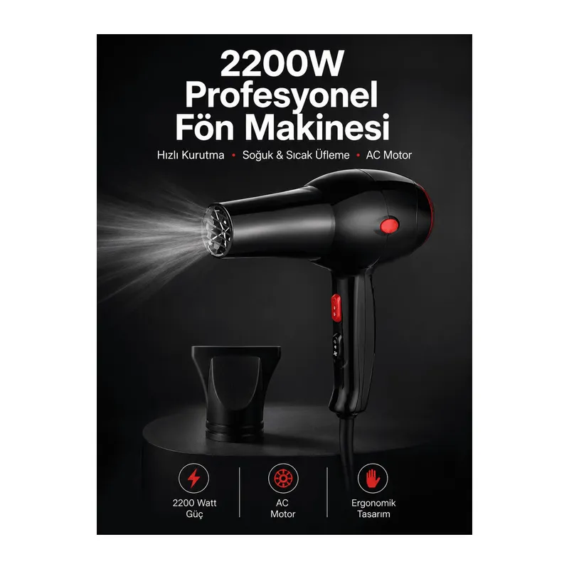 Tüm Saç Tiplerine Uygun, İki Kademeli Hız Ayarlı Fön Makinesi
