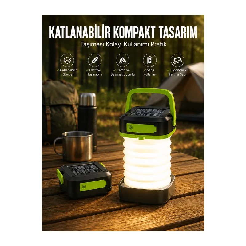 Katlanabilir Kamp Lambası Solar Fener Görünümlü 3 Kademeli Şarjlı