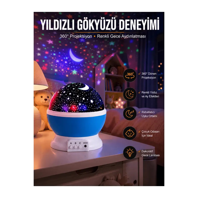 Yıldız Görünümlü Gece Lambası Renkli Masa Lambası Gökyüzü Projeksiyon