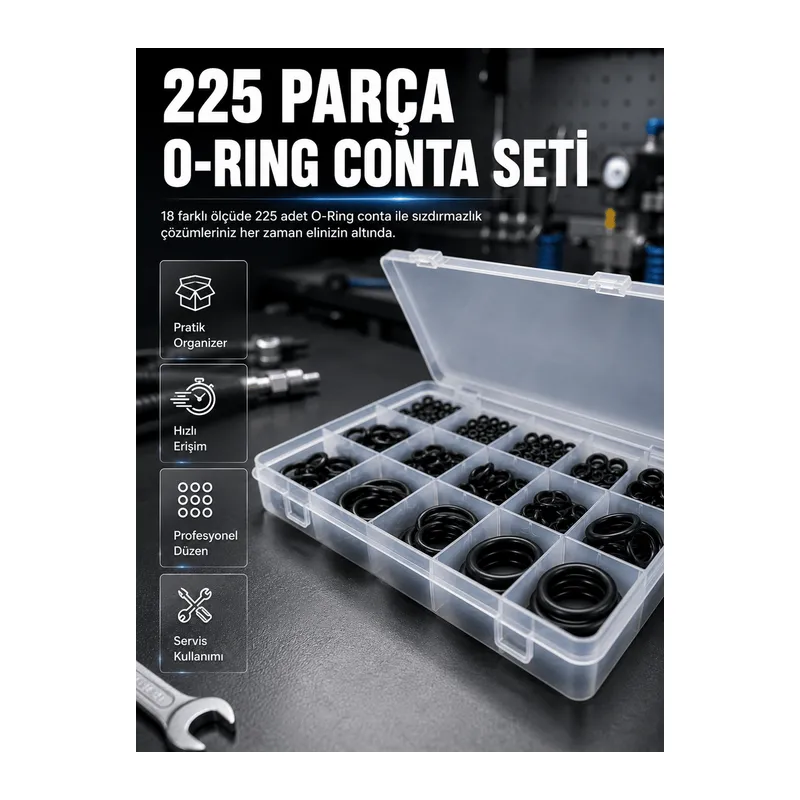 225 Parça O-Ring Conta Seti 18 Farklı Ölçü Kauçuk Sızdırmazlık Conta Organizer Kutulu