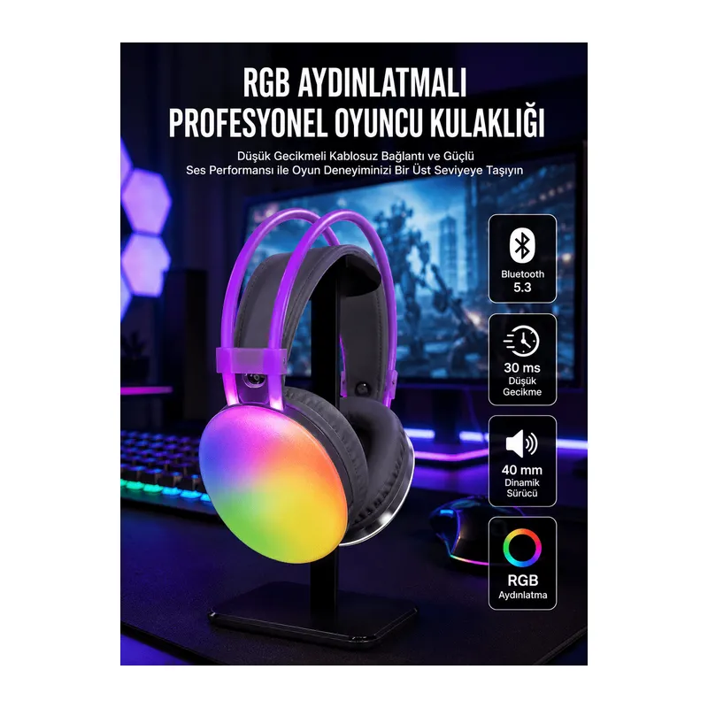 RGB Işıklı Yüksek Ses Kaliteli Kablosuz Kulak Üstü Bluetooth Kulaklık
