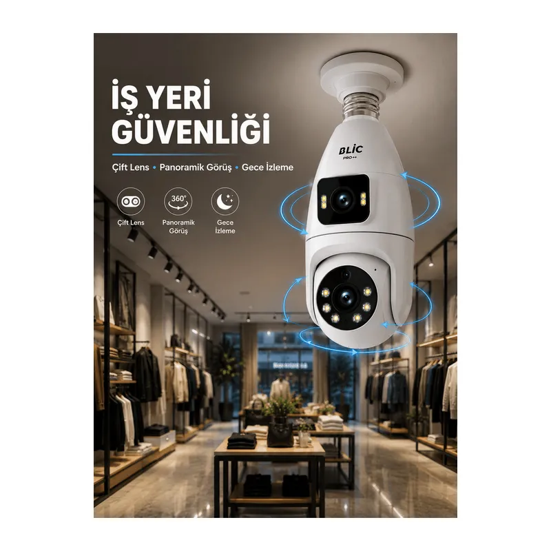 Wi-Fi Çift Lens Ampul Kamera Akıllı Ev Güvenliği