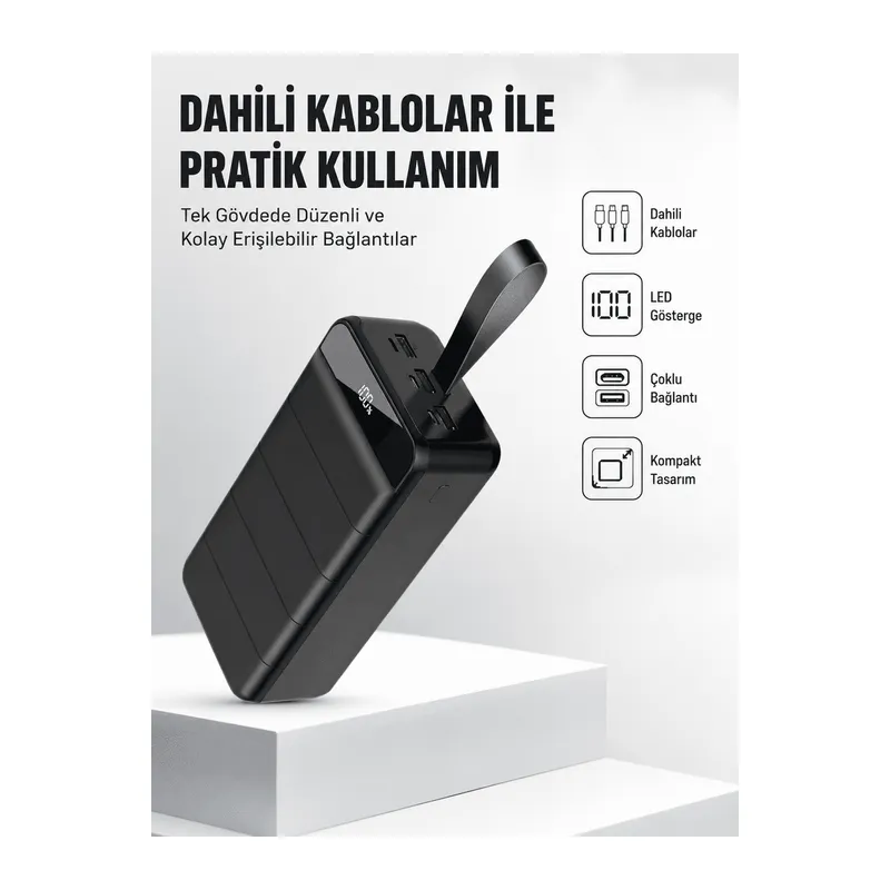50.000 mAh Kapasiteli Powerbank – Hızlı Şarj Destekli, 4 USB Portlu, LED Işıklı Taşınabilir Enerji Deposu
