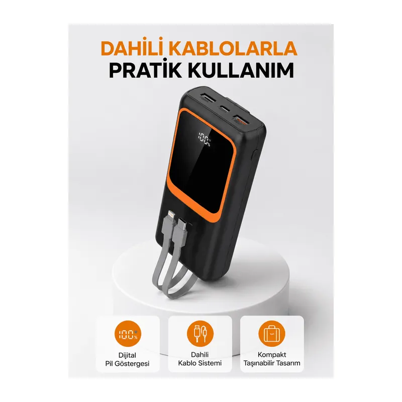 Powerbank 20000 mAh Dijital Ekranlı ve Çok Kablolu Hızlı Şarj Cihazı