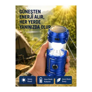 Şarj Edilebilir Güneş Enerjili Kızaklı Kamp Feneri – USB Çıkışlı, Katlanabilir, Dayanıklı ve Çok Fonksiyonlu