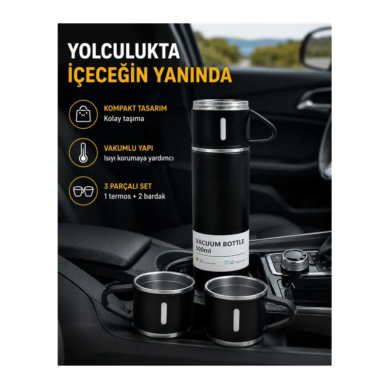 500 ml Paslanmaz Çelik Termos Seti – Sızdırmaz, Vakumlu, Isı Koruma Özellikli, Taşınabilir Termos