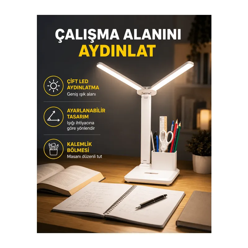 Kısılabilir LED Masa Lambası – Kalemlik ve Telefon Standlı, Göz Yormayan Işık Yeni Nesil