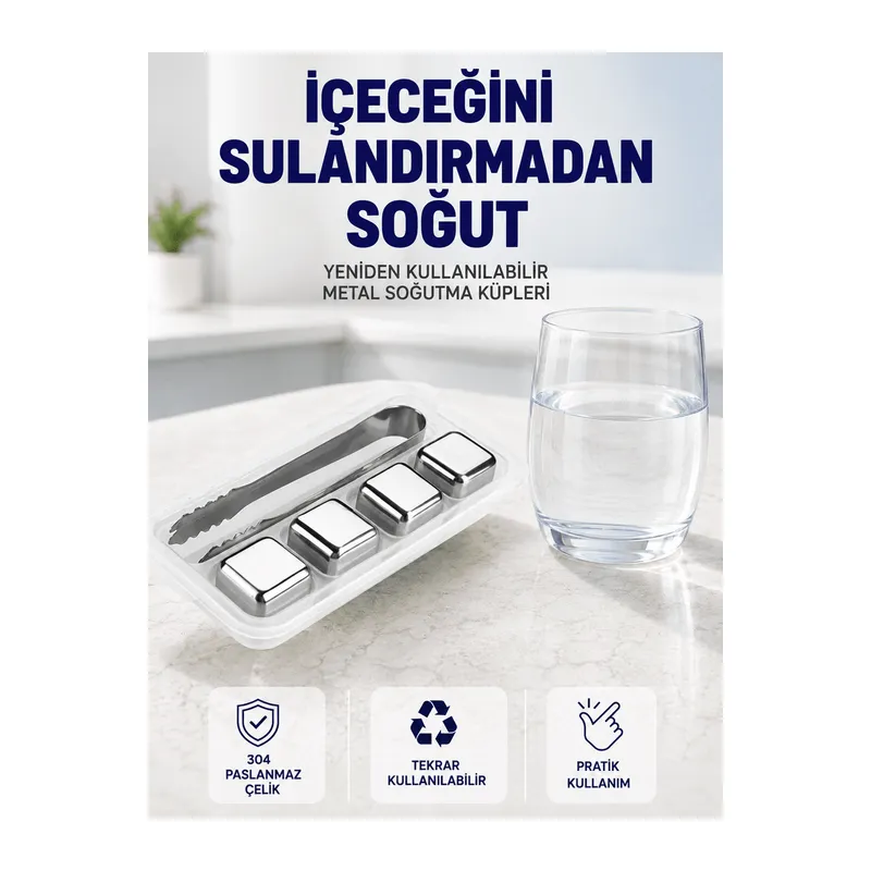 Paslanmaz Çelikten Üretilmiş Metal Buz Küpü Seti ve Buz Klipsi