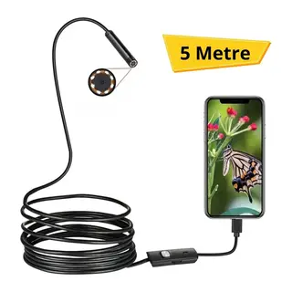 5 Metre Android Telefon Uyumlu 6 LED Işıklı Su Geçirmez Endoskop / Boroskop Yılan Kamera HD
