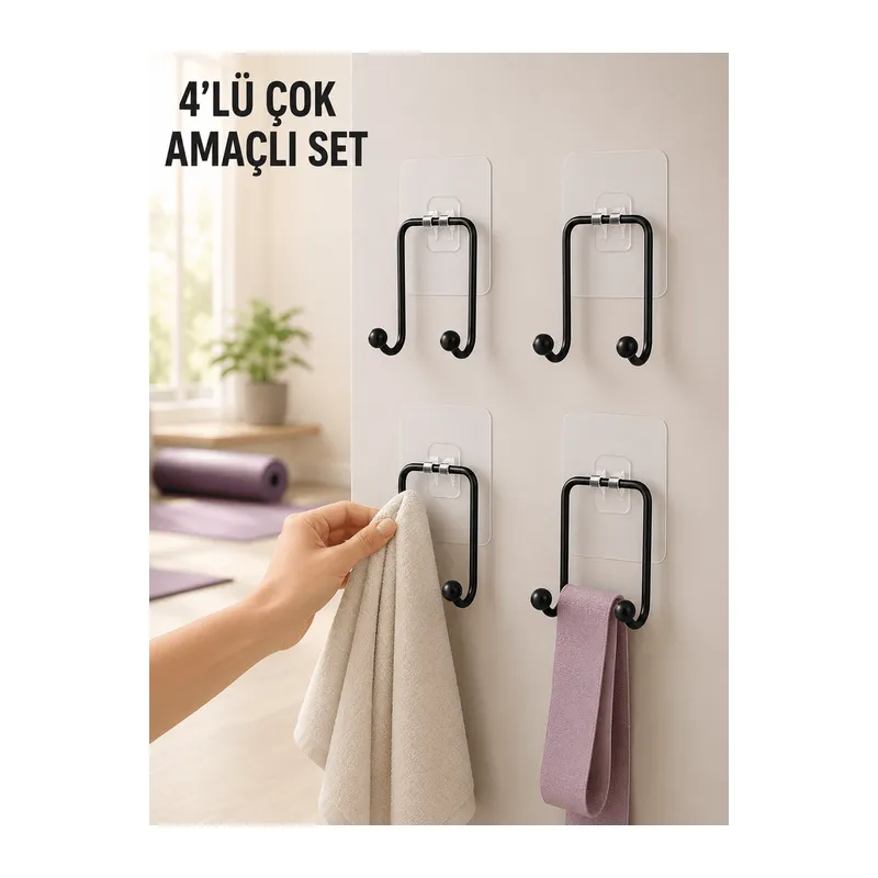 4'lü Duvar Tipi Yapışkanlı Askı Pratik Ev ve Banyo Askılık Seti