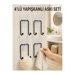 4'lü Yapışkanlı Askı Seti Mutfak Banyo ve Ev İçin Duvar Askısı