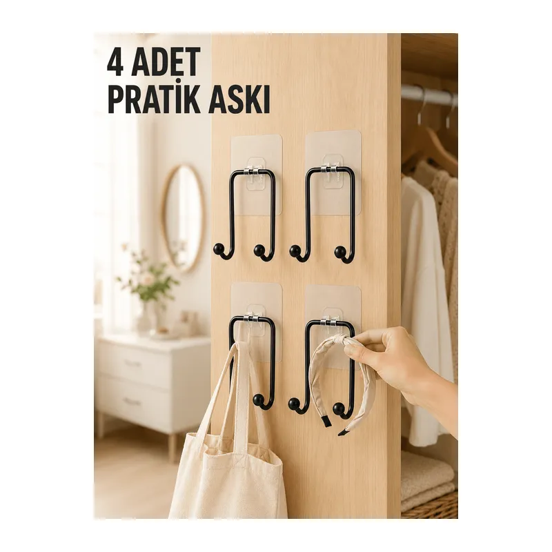 4 Adet Yapışkanlı Duvar Askısı Çok Amaçlı Pratik Askılık Seti