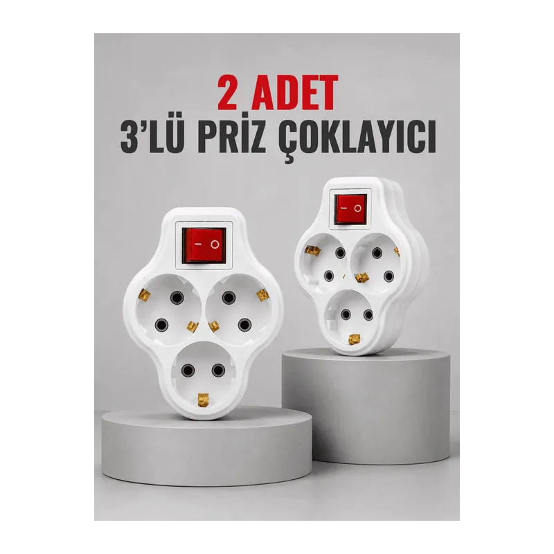 Direkt Duvar Prizine Takılan 3’lü Priz Adaptörü Anahtarlı Priz Çoklayıcı 2 Adet