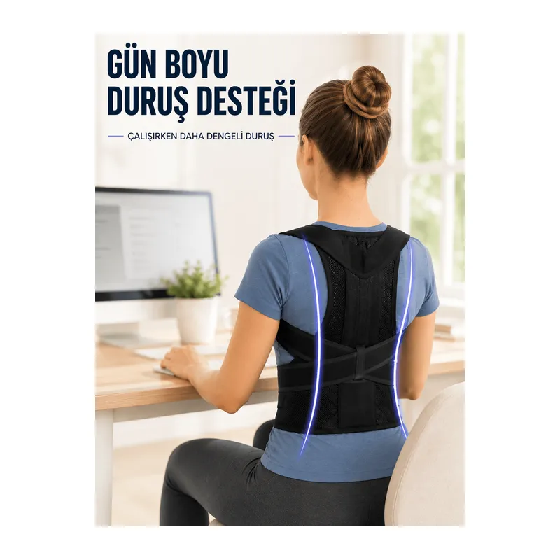 Dik Durmaya Yardımcı Sırt Korsesi Nefes Alan Fileli Ayarlanabilir Bel ve Omuz Desteği