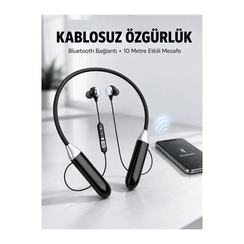Mikrofonlu Boyun Bantlı Bluetooth Kulaklık Kablosuz Bağlantılı Ses ve Müzik Kontrollü Kulak İçi Kulaklık