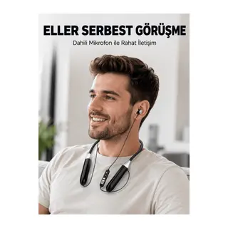 Uzun Kullanım Süreli Bluetooth Kulaklık Boyun Bantlı Mikrofonlu Kablosuz Müzik ve Görüşme Kulaklığı