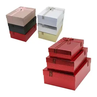 3PCS D.dörtgen Parlak Mix Renkli - Kabartma Desen Karton Hediye Kutusu Kurdelalı 33X24.5-28.5X20.5-24X16.5CM