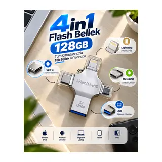 128GB Taşınabilir 4in1 Flash Bellek iPhone iPad Android Tablet Mac Bilgisayar Uyumlu